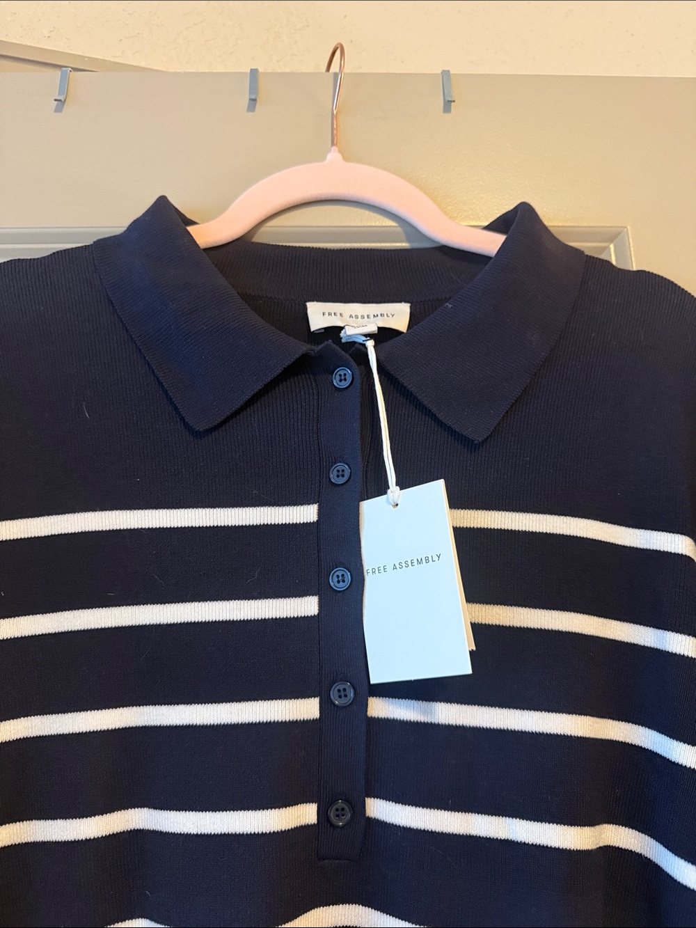 Free Assembly Stripe Polo Knit Top - Navy & White - Picture 2 of 7